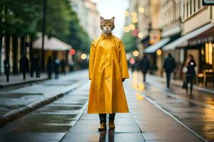 un gato vistiendo un amarillo impermeable en un ciudad calle. generado por ai foto