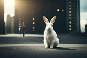 un blanco Conejo sentado en el suelo en frente de un ciudad. generado por ai foto