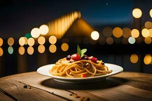 a plate of pasta on a wooden table with lights in the background. AI-Generated photo