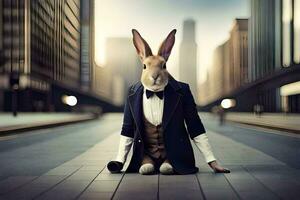 a rabbit dressed in a suit and tie sits on the ground. AI-Generated photo