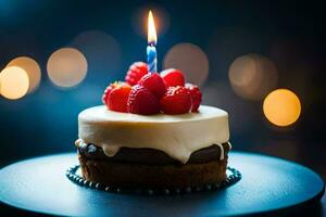 a birthday cake with a single candle on top. AI-Generated photo