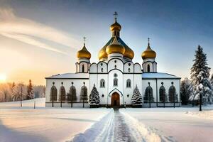 un Iglesia en el nieve con oro cúpulas generado por ai foto