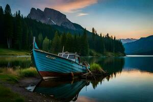 a boat sits on the shore of a lake at sunset. AI-Generated photo