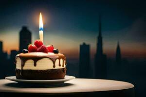 a birthday cake with a single candle on top. AI-Generated photo