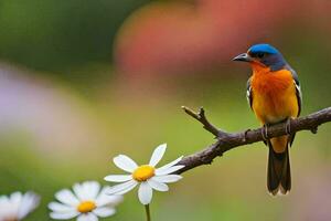 a colorful bird sits on a branch with flowers. AI-Generated photo