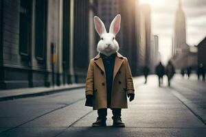 a rabbit wearing a trench coat and standing on a city street. AI-Generated photo