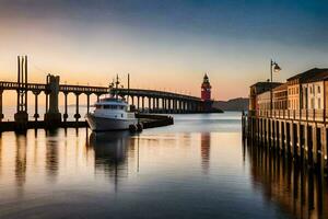 a boat docked at a pier with a lighthouse in the background. AI-Generated photo