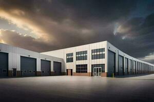 a large industrial building with a cloudy sky. AI-Generated photo