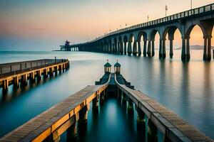 a long exposure photograph of a pier and bridge at sunset. AI-Generated photo