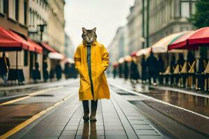 a cat wearing a yellow coat and walking down a street. AI-Generated photo