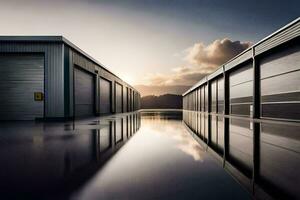 a row of storage units with a lake in the background. AI-Generated photo