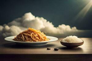 a plate of spaghetti and a bowl of rice on a table. AI-Generated photo