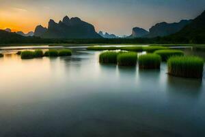 the sunrise over the li river in china. AI-Generated photo