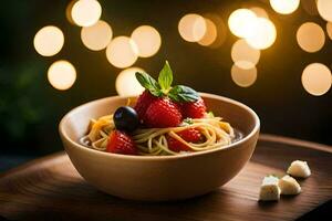 a bowl of pasta with strawberries and cheese on a wooden table. AI-Generated photo