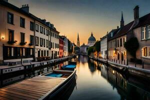 un canal en el medio de un ciudad a puesta de sol. generado por ai foto