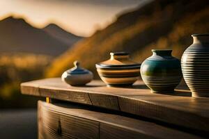 three vases sitting on a wooden table in front of a mountain. AI-Generated photo