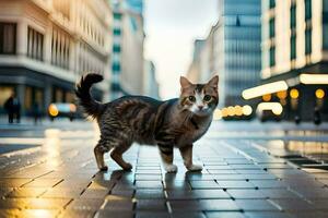 a cat walking on a city street at dusk. AI-Generated photo