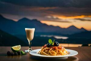 un plato de pasta y un vaso de vino en un mesa en frente de un montaña vista. generado por ai foto