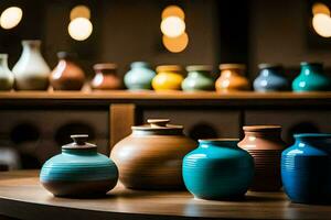 a row of colorful vases on a wooden table. AI-Generated photo