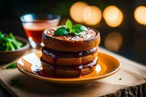 a stack of pancakes on a plate with a glass of juice. AI-Generated photo