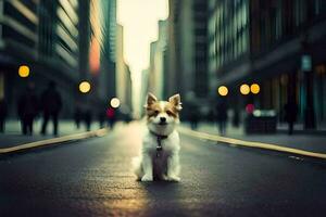 un pequeño perro es en pie en el medio de un ciudad calle. generado por ai foto