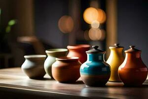 a group of colorful vases sitting on a table. AI-Generated photo