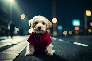 a small white dog wearing a red shirt on the street at night. AI-Generated photo