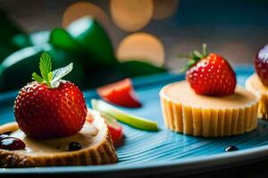 three desserts on a blue plate with strawberries. AI-Generated photo