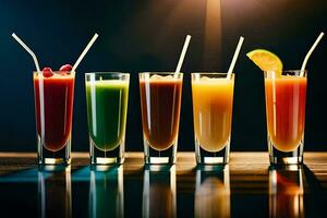 a row of different colored drinks in glasses. AI-Generated photo