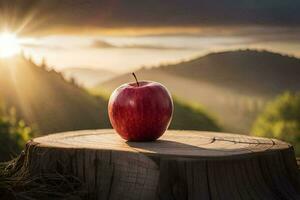 un manzana se sienta en parte superior de un tocón en frente de un puesta de sol. generado por ai foto