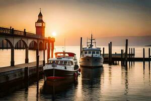 boats docked at the pier at sunset. AI-Generated photo
