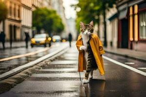 a cat in a yellow coat standing on the street. AI-Generated photo