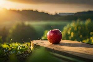 un rojo manzana en un de madera mesa en el puesta de sol. generado por ai foto