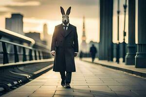 a man in a suit and rabbit mask walking on a bridge. AI-Generated photo