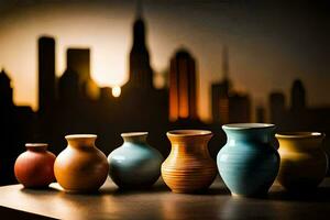 a group of vases sitting on a table in front of a city skyline. AI-Generated photo