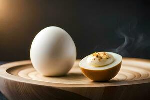 a boiled egg on a wooden plate. AI-Generated photo
