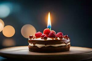 a birthday cake with a single candle. AI-Generated photo