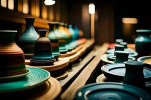 colorful vases and plates are lined up on a shelf. AI-Generated photo