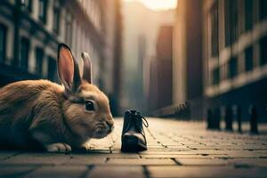 a rabbit is sitting on the ground next to a shoe. AI-Generated photo