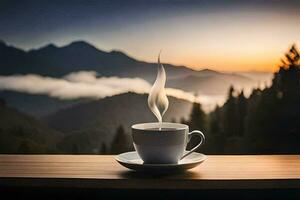 coffee cup on the balcony, mountains, sunrise, sunrise, sunrise, sunrise, sunrise,. AI-Generated photo