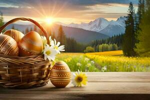 Pascua de Resurrección huevos en un cesta en un mesa con flores generado por ai foto