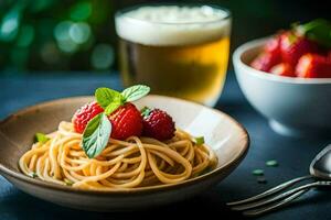 spaghetti with strawberries and mint leaves in a bowl. AI-Generated photo