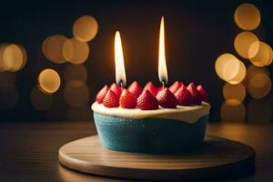 a birthday cake with two burning candles. AI-Generated photo