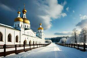 a snowy road leads to a church with golden domes. AI-Generated photo