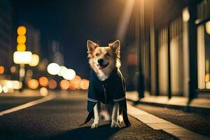 a dog wearing a jacket sitting on the street at night. AI-Generated photo