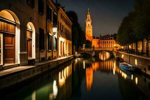 un canal en el medio de un ciudad a noche. generado por ai foto