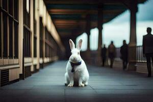 a white rabbit sitting on a sidewalk in front of people. AI-Generated photo