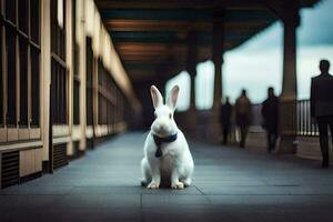 un blanco Conejo sentado en un acera en frente de gente. generado por ai foto