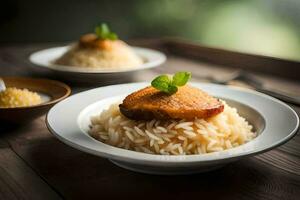 two plates with rice and meat on them. AI-Generated photo