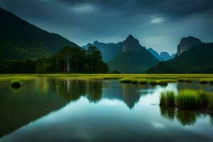 el montañas son reflejado en el agua y césped. generado por ai foto